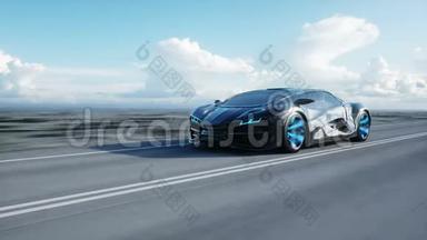 黑色未来派电动汽车在沙漠高速公路上。 开得很快。 未来的概念。 可循环使用。 录像。 现实