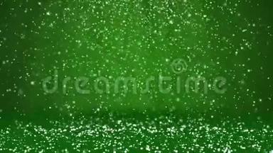 降雪，沉降在旋转表面.. 绿色冬季背景作为广告或标志、圣诞节或