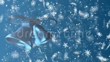 圣诞节和新年无缝循环动画。 圣诞节雪花和蓝色背景上的铃铛。 冬季仙境