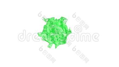 大量的绿色甜液滴落在白色的表面和污渍上，留下大的斑点，造成大的飞溅和污渍。