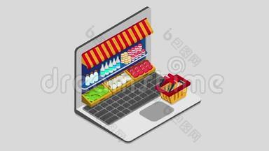 笔记本买网上杂货店购物电子商务商店平面3d等距动画概念电子商务销售。