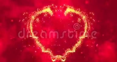 在红色模糊的背景上，<strong>金色</strong>的闪光，像心形的微粒，情人节的爱情节日<strong>活动</strong>