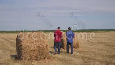 团队农业智慧农业理念.. 两个男人的农<strong>民生</strong>活方式工人走在草地上研究干草堆