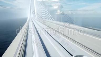 桥上未来派旅客列车的三维模型。 开得很快。 未来的概念。 现实的4k动画。