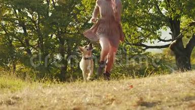可爱的小女孩和她可爱的狗在日落时<strong>一起跑</strong>步