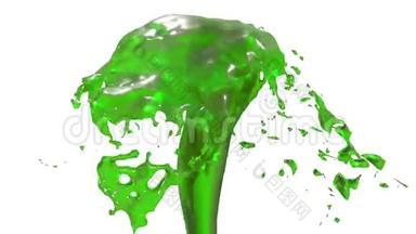 美丽的喷泉喷出的液体像绿色的果汁，喷泉随着水流高高上升。 3D渲染非常高