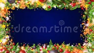 豪华装修搭配雪晶.. 圣诞元素图案。 冬季循环动画。 蓝色背景。