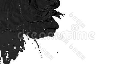 黑色油漆或油流落在白色背景屏幕上，滴落在白色上。 3D渲染与阿尔法