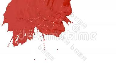 红色油漆流落在白色背景屏幕上，滴落在白色上. 3D渲染与阿尔法面具