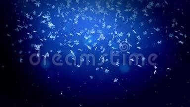 闪亮的3d雪花在蓝色背景上空中飞舞。 用作圣诞节、新年贺卡或冬季主题或