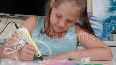 创意女孩使用3D笔打印3D形状。