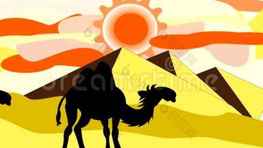 <strong>骆驼</strong>穿过金字塔附近沙漠的黑色<strong>剪影</strong>