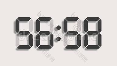 数字时钟倒计时从60到零全高清液晶显示-灰色数字在清晰的背景和阴影。