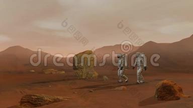 3D绘制。 火星上的殖民地。 两名穿太空服在火星表面行走的宇航员