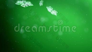 美丽的3d雪花在绿色背景下在空中飞舞。 用作圣诞节、新年贺卡或冬季环境的动画