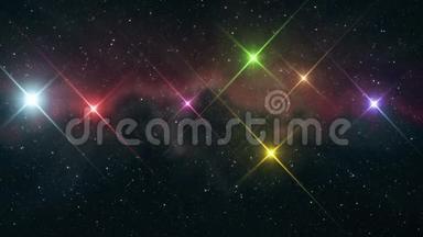 七颗彩虹色的星星闪烁着柔和动人的星云夜空动画背景<strong>新品</strong>质大自然的光芒