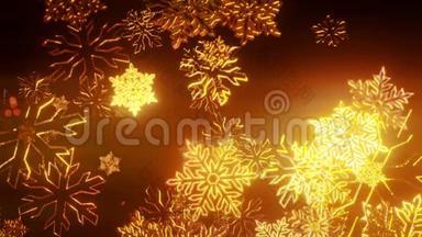 三维金色圣诞背景与波克和深场闪亮的玩具雪花悬挂在空中。 漂亮的3D