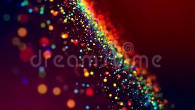 五彩的粒子，如纸屑或碎片，漂浮在粘稠的液体中，在光线中闪烁，具有一定的景深