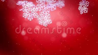 美丽的3d雪花在红色背景下在空中飞舞。 用作圣诞节、新年贺卡或冬季环境的动画