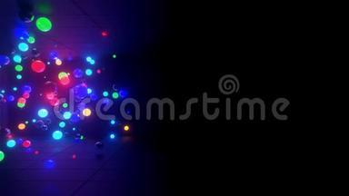 3D抽象创意动画背景与霓虹灯发光多色球体内部相机，反射墙壁。 发光