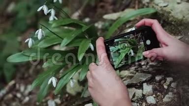 女孩在一个特写镜头中拍摄智能手机上的春天雪花。
