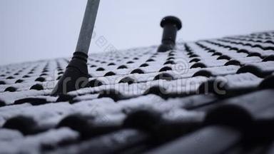 雪，在白天的冬天降在屋顶上