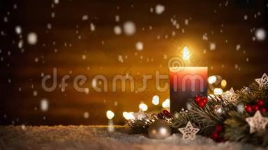 蜡烛，圣诞装饰和雪镜头