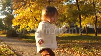 小宝宝在秋天的公园里跑来跑去，笑着玩秋叶