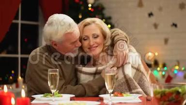 年迈的丈夫用舒适的格子铺盖着妻子，温柔地拥抱着她，圣诞夜