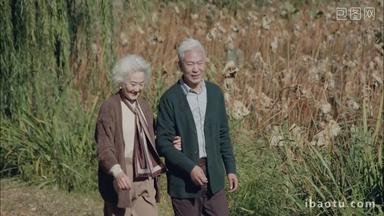 幸福的老年夫妇在公园里<strong>散步</strong>