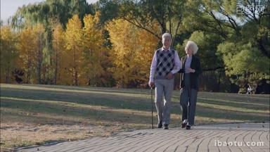 老年夫妇<strong>相互</strong>搀扶着在公园里散步