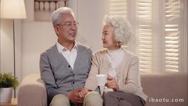 幸福的老年夫妇坐在沙发上聊天