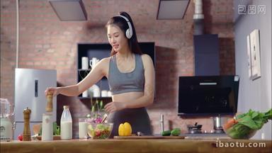 青年女人做饭耳机影片健康食物场景拍摄