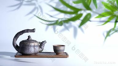 竹叶下的茶壶与茶杯