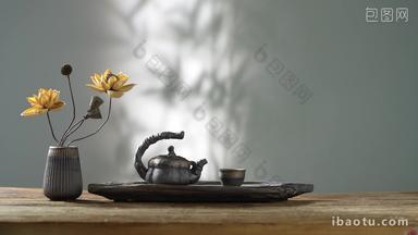荷花摆件与茶具阴影陶瓷制品宣传素材