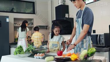 年轻父母教孩子学做饭准备食物镜头