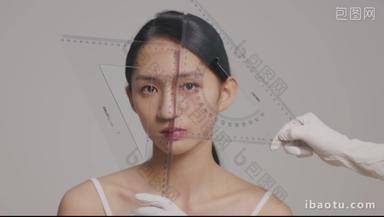 整形医生测量青年女人面部皮肤手套影像