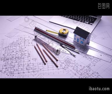 建筑师的图纸和工具建筑业镜头