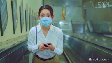 青年女人通勤者绿色出行预防新型冠状病毒防污染口罩