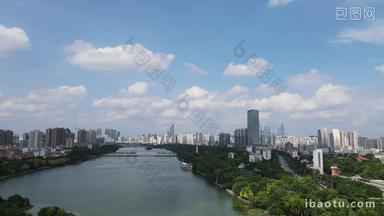 航拍广西南宁南湖城市风景蓝天白云天际线