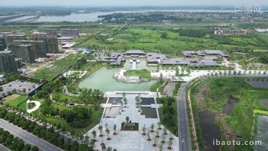 湖北荆州城市公园绿化建设航拍