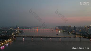 武汉长江大桥鹦鹉洲大桥夜景航拍