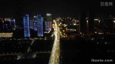 航拍湖北武汉夜景拥堵交通大道