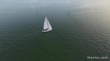 航拍城市水面上的帆船4K