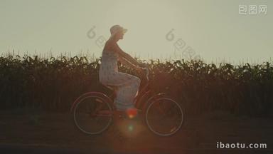 <strong>升格</strong>慢动作玉米田地旁骑自行车的女孩