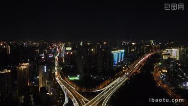 航拍河南郑州立交桥交通夜景