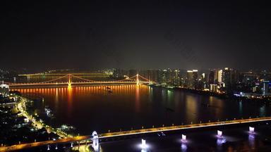 航拍湖北武汉长江大桥鹦鹉洲大桥夜景