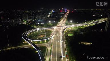 山东潍坊城市高架桥夜景交通航拍