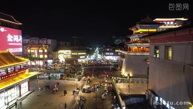 河南开封城市夜景步行街人流航拍