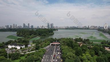 江苏南京城市高架桥拥堵交通玄武湖航拍